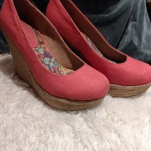 Pink Linen and Jute Wedge Slip ons